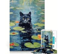 Puzzle 1000 pièces Chat Noir aux nénuphars,découpe précise,défi Intelligent et Amusant,Divertissement et décoration de Noël (38x52cm)