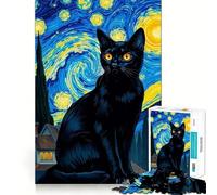 Puzzle 1000 pièces Chat Noir avec Ciel Abstrait,Jeu d'articulation Pointue,entraînement cérébral Amusant,Jeu de détente,décoration Murale de Noël (38x52cm)