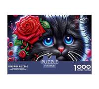 Puzzle 1000 pièces Chat Noir avec Roses - Chat Noir Rose Rouge Art, Puzzle Adulte, Jeu éducatif, Cadeau pour la Maison 38x26cm
