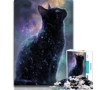 Puzzle 1000 pièces Chat Noir Ciel Étoilé pour Adolescents, Anti-Stress Staycation Tue-Temps avec Affiche et Fiche de Trivia Assorties 38x26cm