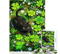 Puzzle 1000 pièces Chat Noir dans Un Champ de trèfle Jeux Amusants Vacances à la Maison Passe-Temps Décoration intérieure Jouets Améliorer l'amour Entre Les Couples (26x38cm)