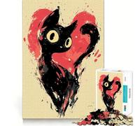 Puzzle 1000 pièces Chat Noir dans Un cœur Décoration soignée,Casse-tête,Cadeau,Jeu de Paix,Pièce d'art de Noël (38x52cm)