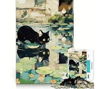 Puzzle 1000 pièces Chat Noir dans Un étang aux nénuphars Illustration Bordure Fine,Jeu créatif,Loisirs,Cadeau de décoration d'anniversaire (50x75cm)