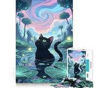 Puzzle 1000 pièces Chat Noir dans Un étang Magique aux nénuphars,Bords Fins,Loisir créatif,Jeu de détente,Cadeau de décoration d'anniversaire (38x52cm)