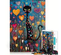 Puzzle 1000 pièces Chat Noir dans Un Jardin en Forme de cœur,Bords sans Couture,Jeu de réflexion Amusant,Divertissement idéal pour se détendre,Cadeau Artistique de Noël (38x26cm)