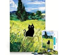 Puzzle 1000 pièces Chat Noir dans Un Paysage de Van Gogh Bordure Parfaite Jeu cognitif Jeu de Relaxation Décoration Artistique de Noël (38x52cm)
