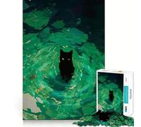 Puzzle 1000 pièces Chat Noir dans Une Aquarelle Verte Décoration soignée,Casse-tête,Cadeau,Jeu de Paix,œuvre d'art de Noël (50x75cm)