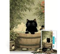 Puzzle 1000 pièces Chat Noir dans Une Baignoire Japonaise Jeu d'assemblage précis et Amusant,Stimulant la réflexion,idéal pour se détendre,décoration de Noël (38x52cm)