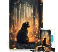 Puzzle 1000 pièces Chat Noir dans Une forêt Magique Décoration soignée,Casse-tête,Cadeau,Jeu de Paix,œuvre d'art de Noël (38x26cm)