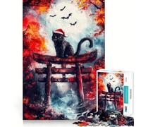 Puzzle 1000 pièces Chat Noir dans Une Porte Torii Découpe Impeccable Jeu de réflexion Amusant et Stimulant,Divertissement idéal pour Les Moments de détente,Cadeau Artistique de Noël (38x26cm)