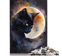 Puzzle 1000 pièces Chat Noir Éclipse Lunaire pour Adultes et Adolescents Puzzles en Papier pour Amusement en Famille et Soirées de Jeux 1000 pièces (38x26cm)