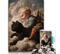 Puzzle 1000 pièces Chat Noir et bébé Ange pour Adultes et Adolescents, Jouets éducatifs et éducatifs, Jeux familiaux avec Affiche et fiche de Questions-réponses (38x26cm)