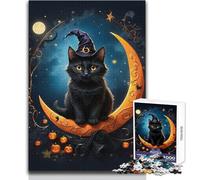 Puzzle 1000 pièces Chat Noir et Lune de Sang pour Adolescents - Jeu de développement de la logique pour des Moments précieux - Dimensions:50x75cm