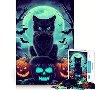 Puzzle 1000 pièces Chat Noir Halloween Bord Parfait Jeu cognitif Jeu Lent Décoration Artistique de Noël (38x52cm)