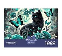 Puzzle 1000 pièces Chat Noir Lune Papillons éducatif Anti-Stress - Loup Noir Rose Sarcelle Lune pour Adultes, décoration et Cadeaux 70x50cm