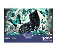 Puzzle 1000 pièces Chat Noir Lune Papillons en Papier recyclé pour Adultes - Loup Noir Rose Sarcelle Lune, Jeu éducatif Anti-Stress 38x26cm