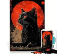 Puzzle 1000 pièces Chat Noir Lune Rouge Art Japonais Asiatique Décoration soignée,Casse-tête,Cadeau,Jeu de Paix,décoration de Noël (38x52cm)