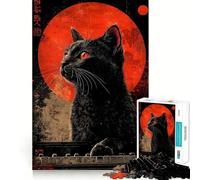Puzzle 1000 pièces Chat Noir Lune Rouge Art Japonais Asiatique Découpe Impeccable Jeu de réflexion Amusant et Stimulant,Divertissement pour Les Moments de détente,Cadeau Artistique de Noël (50x75cm)
