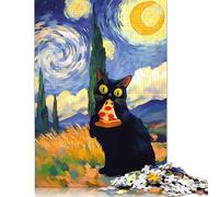Puzzle 1000 pièces Chat Noir Mangeant Une Pizza Nuit étoilée pour Adolescents Adultes Puzzles en Papier Puzzle Durable pour Adultes | Jeux 1000 pièces (75 x 50 cm)