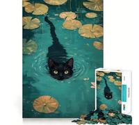 Puzzle 1000 pièces Chat Noir nageant dans Un étang Décoration soignée,Casse-tête,Cadeau,Jeu de Paix,œuvre d'art de Noël (38x52cm)