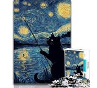 Puzzle 1000 pièces Chat Noir pêche pour Adultes et Adolescents, Difficile à compléter mais Amusant et Humoristique avec Affiche et fiche de Questions-réponses Assorties 50x75cm