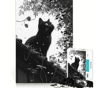 Puzzle 1000 pièces Chat Noir Peinture Ajustement Parfait Art,Activité Ludique Intelligente,Jeu de Détente,Cadeau Cadeau d'anniversaire (38x52cm)