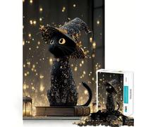 Puzzle 1000 pièces Chat Noir Portant Un Chapeau de sorcière,découpe précise,défi Intelligent et Amusant,Divertissement et décoration de Noël (38x26cm)