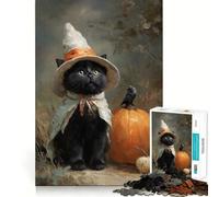 Puzzle 1000 pièces Chat Noir Sorcière Articulations Aiguës,Jeu de Réflexion Amusant,Jeu de Moment Confortable,Décoration Murale de Noël (38x52cm)