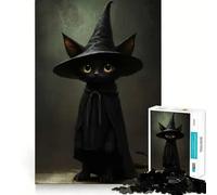 Puzzle 1000 pièces Chat Noir Sorcière avec Chapeau et Cape Jeu d'articulation Pointue,entraînement cérébral Amusant,Jeu de détente,décoration Murale de Noël (50x75cm)