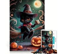 Puzzle 1000 pièces Chat Noir Sorcière Halloween Bordure Fine,Jeu de Loisirs créatifs,Décoration d'anniversaire (38x52cm)