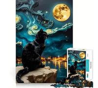Puzzle 1000 pièces Chat Noir sous Ciel étoilé Décoration soignée,Casse-tête,Cadeau,Jeu de Paix,œuvre d'art de Noël (38x52cm)