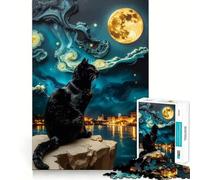 Puzzle 1000 pièces Chat Noir sous Ciel étoilé Jeu d'articulation Fine et Amusant,Stimulant Le Cerveau,Moment de détente,Cadeau de Noël (50x75cm)