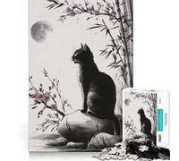 Puzzle 1000 pièces Chat Noir sous Les cerisiers en Fleurs au Clair de Lune,découpe précise,défi Intelligent et Amusant,Divertissement et décoration de Noël (50x75cm)