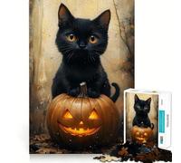Puzzle 1000 pièces Chat Noir sur Citrouille,Assemblage Parfait,activité ludique et Intelligente,Jeu Amusant pour se détendre,Cadeau d'anniversaire (38x26cm)