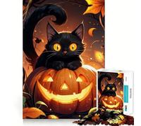 Puzzle 1000 pièces Chat Noir sur Citrouille Bordure sans Couture,Jeu de réflexion Amusant,Temps Libre divertissant,Cadeau Artistique de Noël (38x52cm)