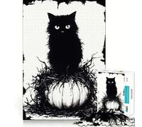 Puzzle 1000 pièces Chat Noir sur Citrouille pour Halloween Jeu de précision articulaire,entraînement cérébral Amusant,Jeu de détente,décoration Murale de Noël (50x75cm)