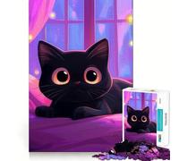 Puzzle 1000 pièces Chat Noir sur lit Violet Jeu d'articulation Fine,Stimulant cérébral,Moment de détente,Cadeau de Noël (38x26cm)