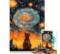 Puzzle 1000 pièces Chat Orange Nuit Étoilée pour Adolescents Jeu Cognitif et Atelier Calme Bordure Premium Liste de Vœux du Père Noël (50x75cm)