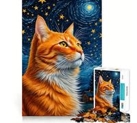 Puzzle 1000 pièces Chat Orange Nuit Étoilée pour Adultes Jeu de Réflexion Loisirs Découpe Claire Cadeau Original (38x26cm)