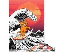 Puzzle 1000 pièces Chat Orange Surfant sur Une Vague géante Puzzles créatifs en Papier carré pour Adultes Cadeaux de Noël 38 x 26 cm/1000 pièces