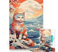 Puzzle 1000 pièces Chat Paysage Japonais Découpe soignée Décoration Jeu de réflexion Cadeau Jeu Calme Activité d'anniversaire (38x52cm)
