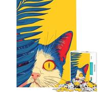 Puzzle 1000 pièces Chat regardant derrière une feuille de palmier Décoration parfaite pour un anniversaire ou Noël Jeu de construction à faire soi-même Convient aux enfants de 14 ans et plus (38x52cm)