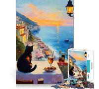 Puzzle 1000 pièces Chat regardant Le Coucher du Soleil sur la côte Italienne Découpe précise Jeu de réflexion Amusant Jeu de détente Cadeau de Loisirs Festif (38x52cm)