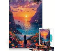 Puzzle 1000 pièces Chat regardant Le Coucher du Soleil sur la mer Découpe précise Jeu de logique Artistique Activité Calme pour Un Anniversaire (38x26cm)