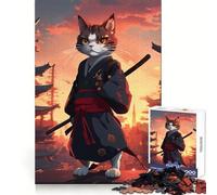 Puzzle 1000 pièces Chat Samouraï au Coucher de Soleil au Japon pour Adultes Détection des émotions, Relaxation et Plaisir Découpe Lisse Cadeau d'anniversaire (38x26cm)