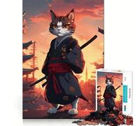 Puzzle 1000 pièces Chat Samouraï au Coucher de Soleil au Japon pour Adultes Détection des émotions, Relaxation et Plaisir Découpe Lisse Cadeau d'anniversaire (38x26cm)