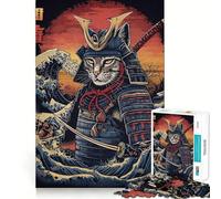Puzzle 1000 pièces Chat Samouraï Guerrier Japon Jeu d'articulation Parfait Activité cérébrale Jeu Amusant et Relaxant Décoration de Noël Amusante (38x26cm)