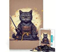 Puzzle 1000 pièces Chat Samouraï Japon Jeu d'articulation Parfait Activité cérébrale Jeu Amusant et Relaxant Décoration de Noël Amusante (50x75cm)