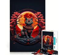 Puzzle 1000 pièces Chat Samouraï Lune Rouge Découpe Précise Jeu Créatif et Créatif pour Un Moment de Détente Calme Cadeau d'anniversaire (50x75cm)