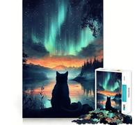 Puzzle 1000 pièces Chat sous Aurore boréale Lumières du Nord Découpe précise Jeu de logique et de réflexion Artistique Activité Calme pour Un Anniversaire (38x26cm)